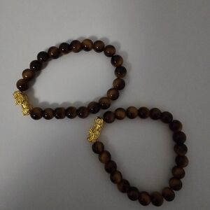Tiger’s Eye Beaded Bracelet with Gold Lucky Charm | Stretch | Unisex